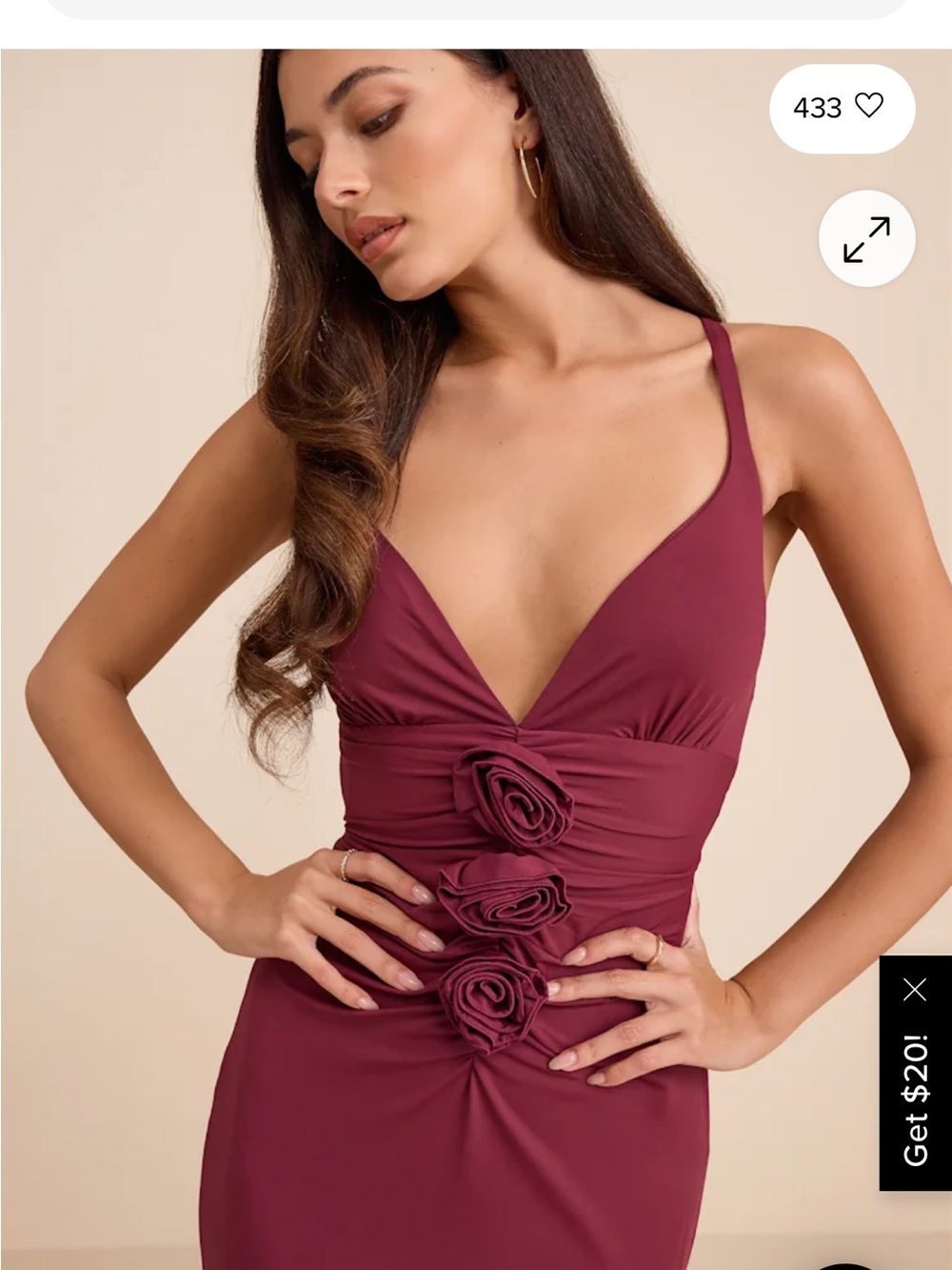 Plunge Neck Rose-Detail Bodycon Dress - Burgundy